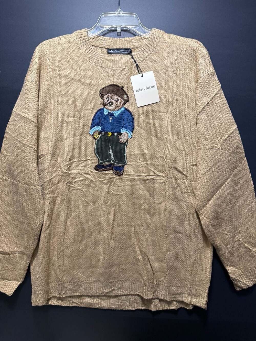 Jolaryfliche Beige Teddy Bear Embroidered Crew Neck Sweater Size L